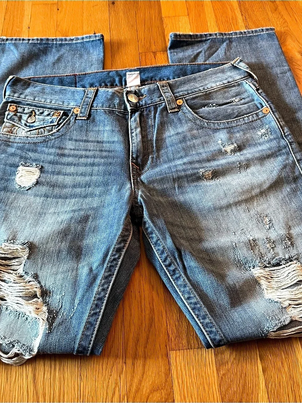 NWOT TRUE RELIGION MENS 34 STRAIGHT FLAP JEANS HEAVYDISTRESSED RED ORANGE STITCH